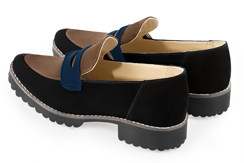 Matt black, chocolate brown and navy blue women's casual loafers. Round toe. Flat rubber soles. Rear view - Florence KOOIJMAN